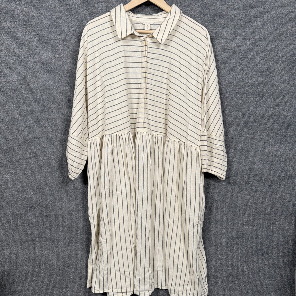 Caslon Size 3X Shirt Dress‎ White Gray Stripe Linen Blend Casual Vacation Office